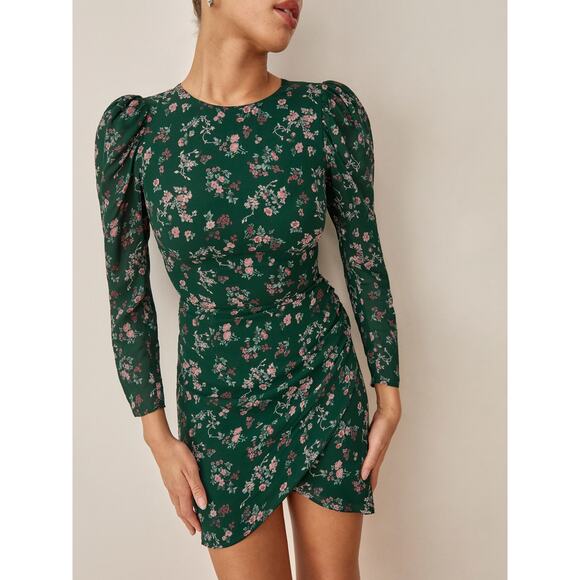 Reformation Juni Emilia Green Floral Print Long Sleeve Mini Dress Size 10 NWT - Picture 2 of 8